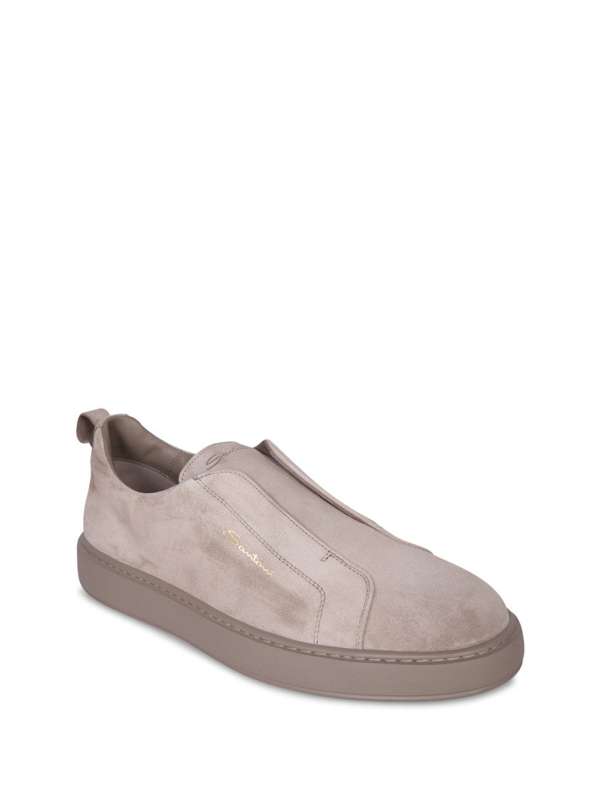 Santoni Suede Slip-On Sneakers With Discrete Logo And Contemporary Design