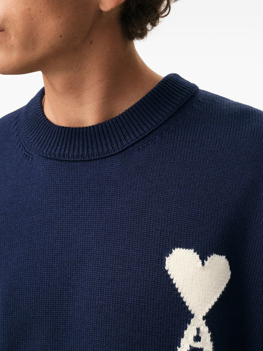Ami Paris Ink Blue Intarsia Knit Sweater With Heart Motif
