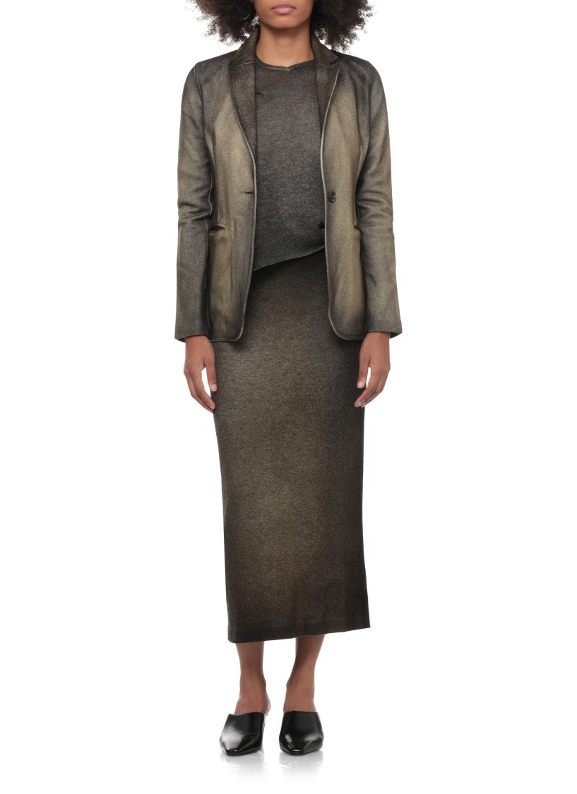 Avant Toi Green Melange Midi Skirt With Back Slit And Elastic Waistband