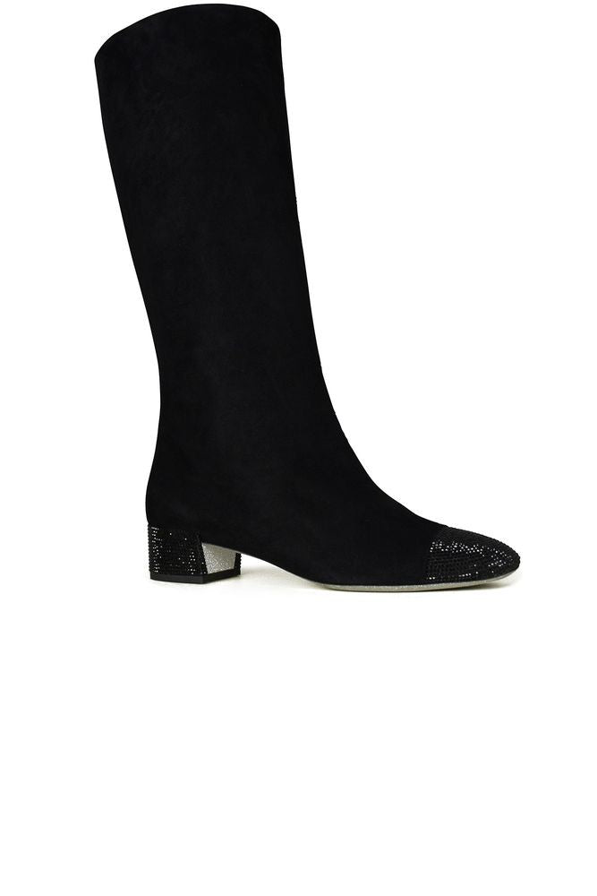 René Caovilla Mid-Calf Black Suede Boots With Glitter-Embellished Details