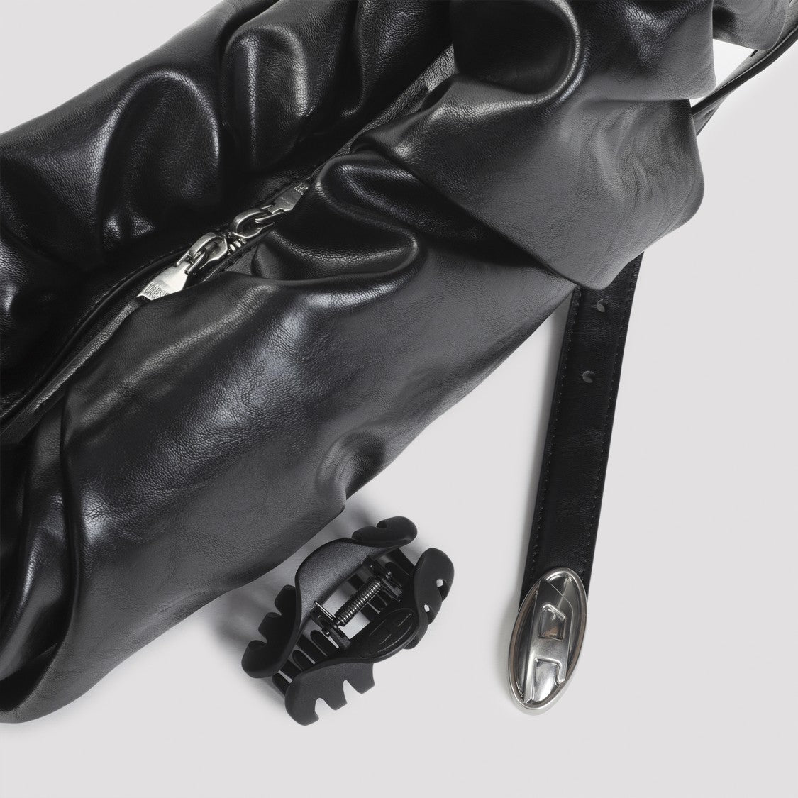 Diesel Ruched Black Polyurethane Handbag With Adjustable Strap