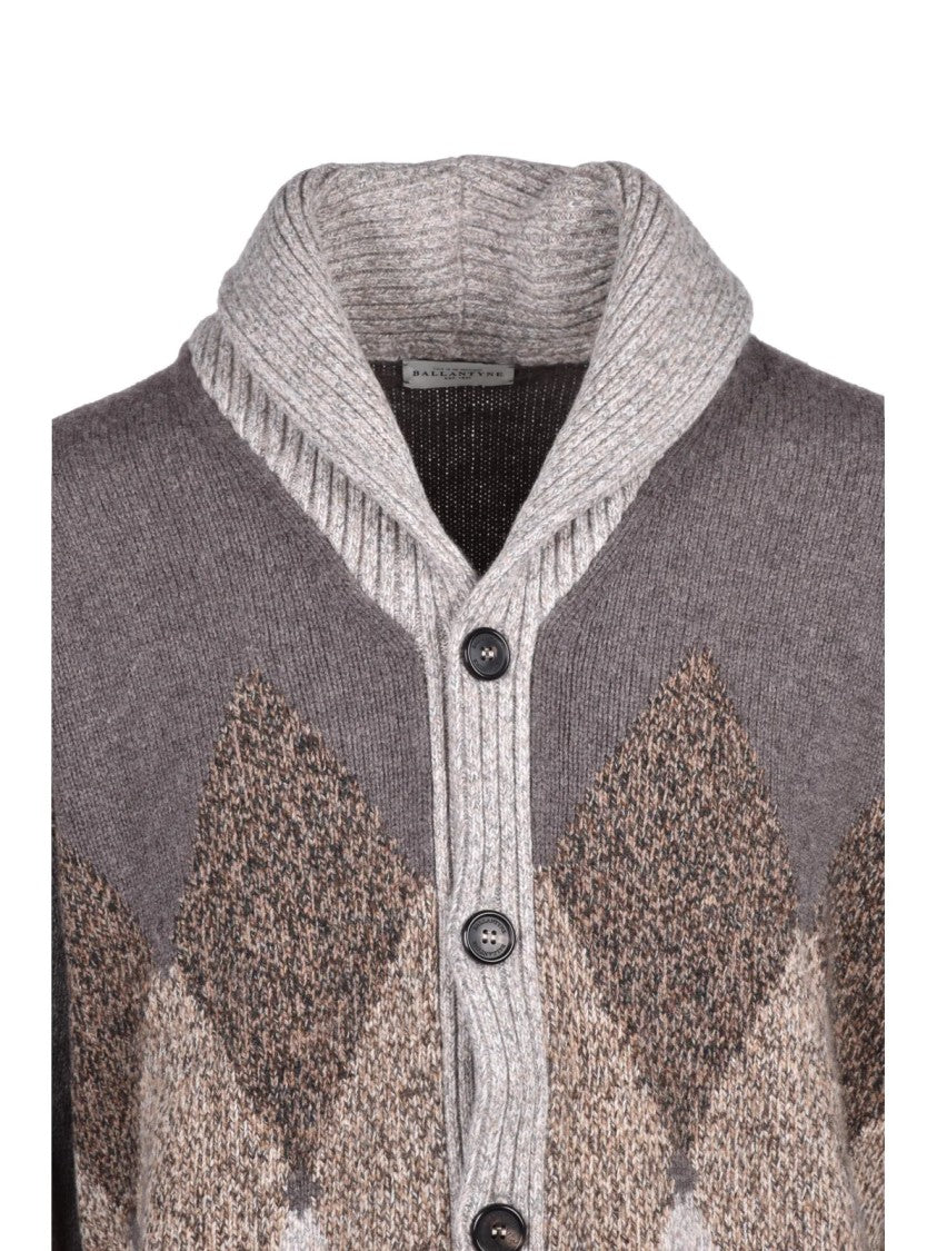 Ballantyne Brown Shawl Collar Argyle Wool Cardigan
