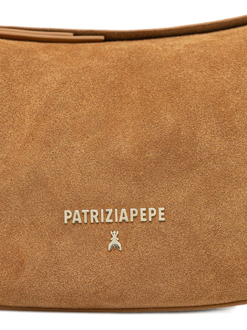 Patrizia Pepe Light Brown Suede Shoulder Bag With Bow Detail And Signature Accents