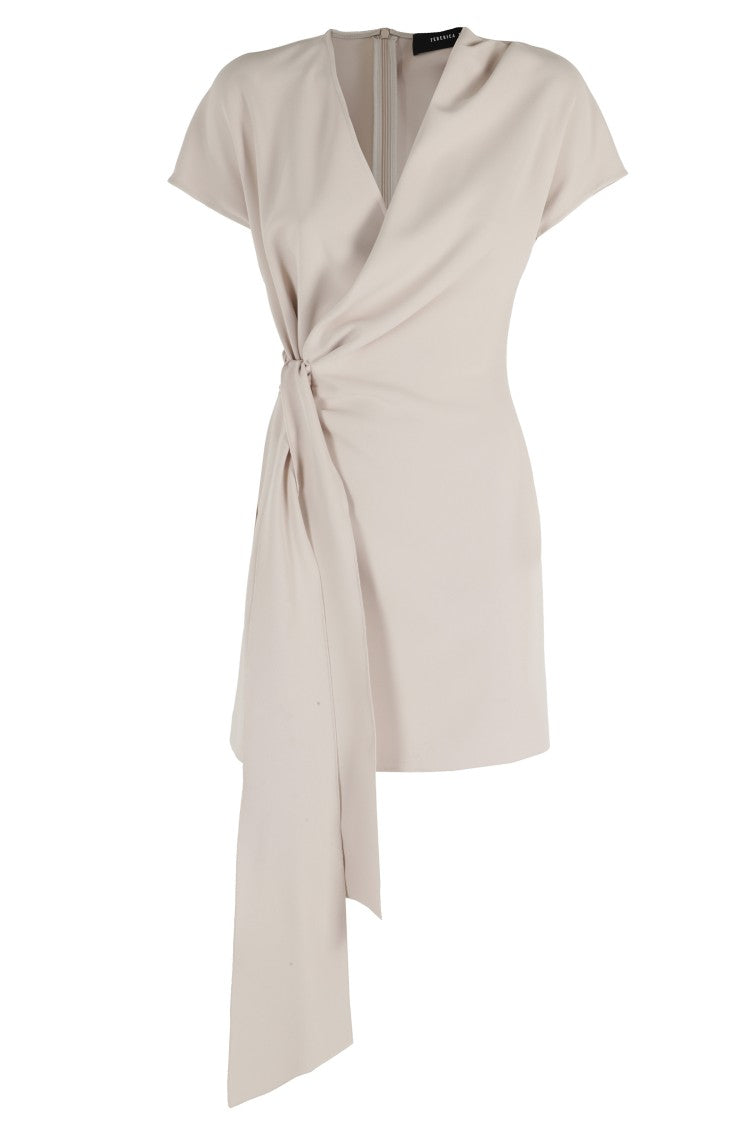 Federica Tosi Sand Draped Mini V-Neck Polyester Mini Dress