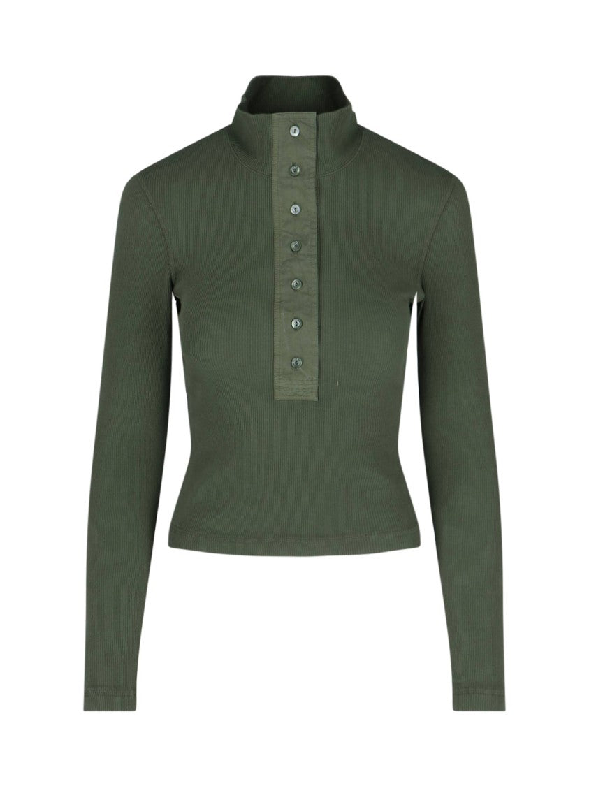 Gucci Green Cotton Ribbed Knit Logo Turtleneck T-Shirt