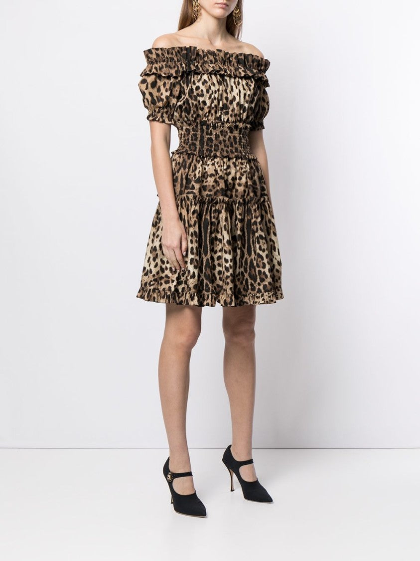 Dolce & Gabbana Leopard Print Off-The-Shoulder Mini Dress