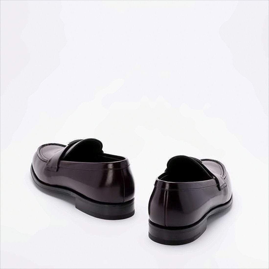 Prada Burgundy Leather Loafers With Metallic Emblem