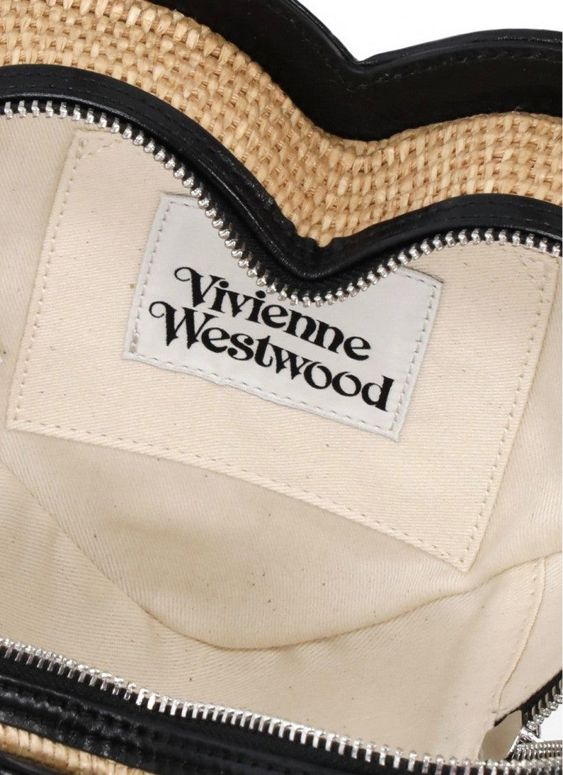 Vivienne Westwood Heart-Shaped Raffia Handbag With Leather Trim And Zip Fastening