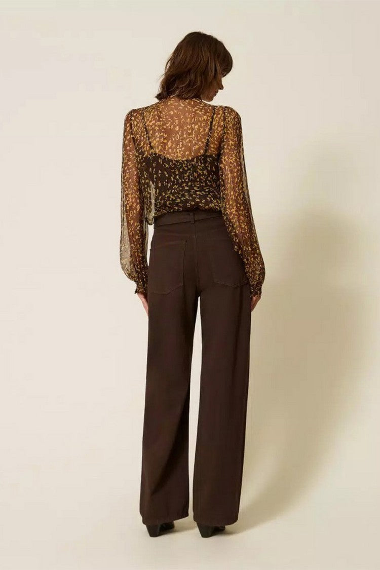 Twin-Set Brown Cotton Buckle-Waist Wide-Leg Trousers