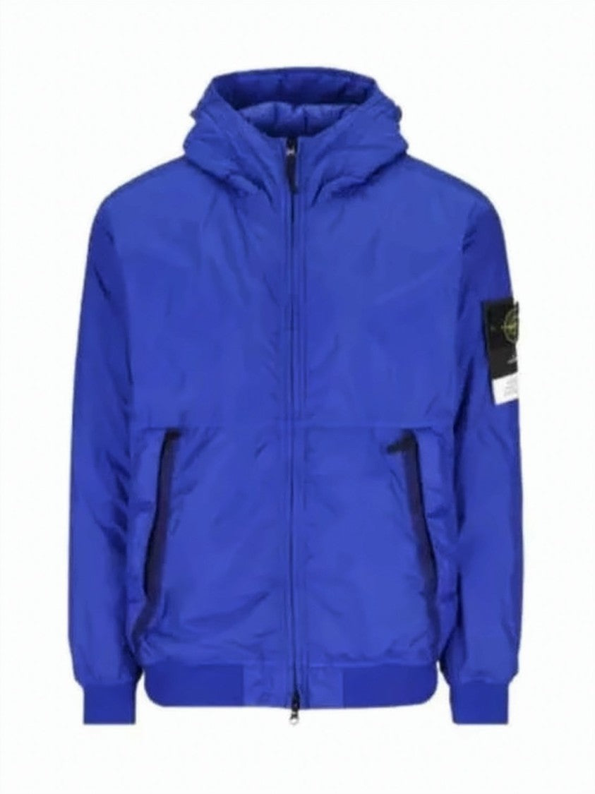 Stone Island Blue Hooded Jacket With Ribbed Cuffs