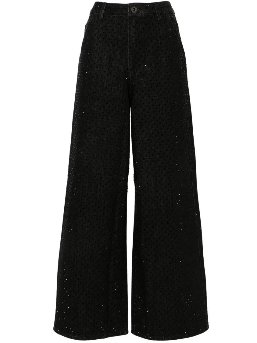 Self-Portrait Black Rhinestone High Waist Cotton Wide-Leg Jeans
