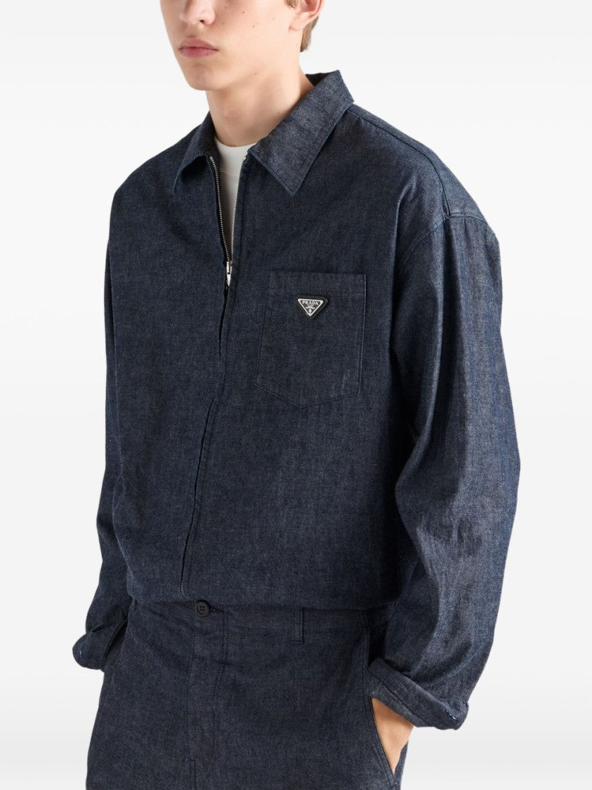 Prada Casual Classic Collar Zip-Up Logo Patch Shirt