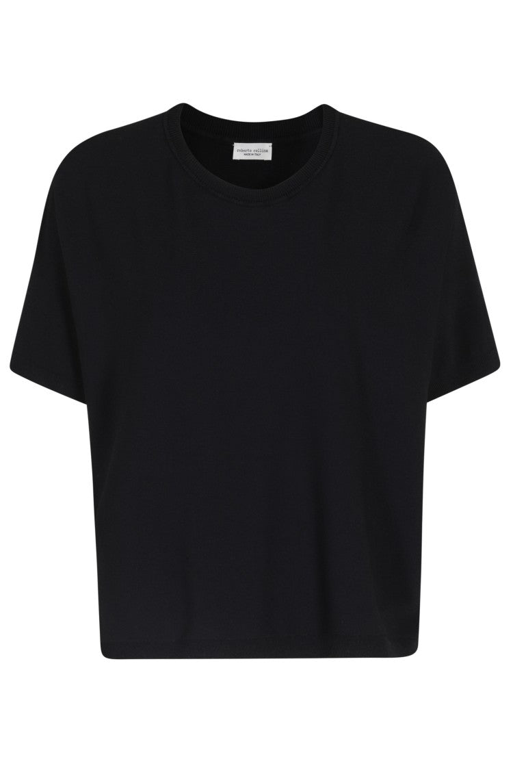 Roberto Collina Black Ribbed Trim Relaxed Cropped Viscose-Blend T-Shirt