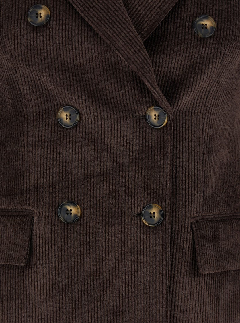 Plain Double Breasted Blazer Ribbed Velvet