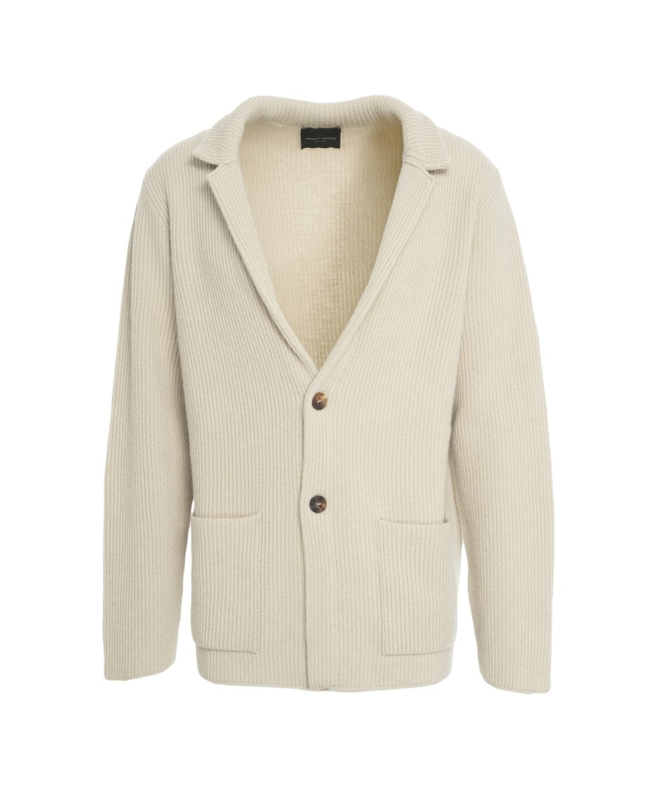 Roberto Collina Beige Ribbed Wool Cardigan With Notch Collar