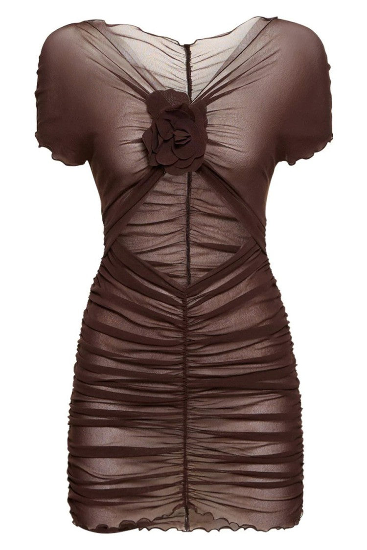 Philosophy Di Lorenzo Serafini Ruched Mini Dress With Floral Detail And Sheer Overlay