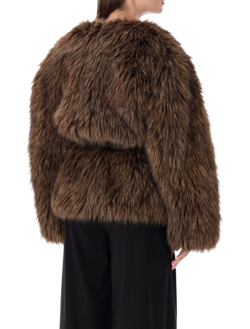 Magda Butrym Eco-Fur Belted Round Neck Jacket