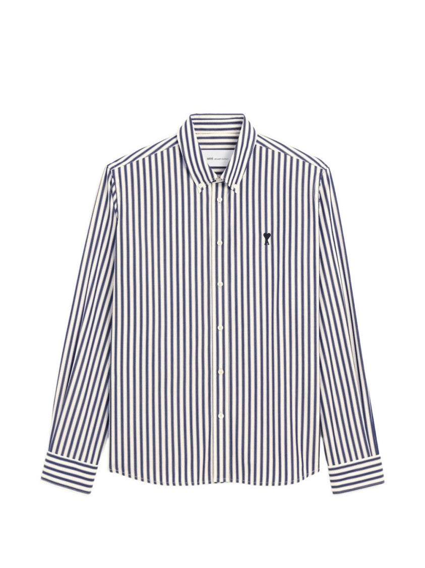 Ami Paris Button-Down Shirt With Vertical Navy And White Stripes