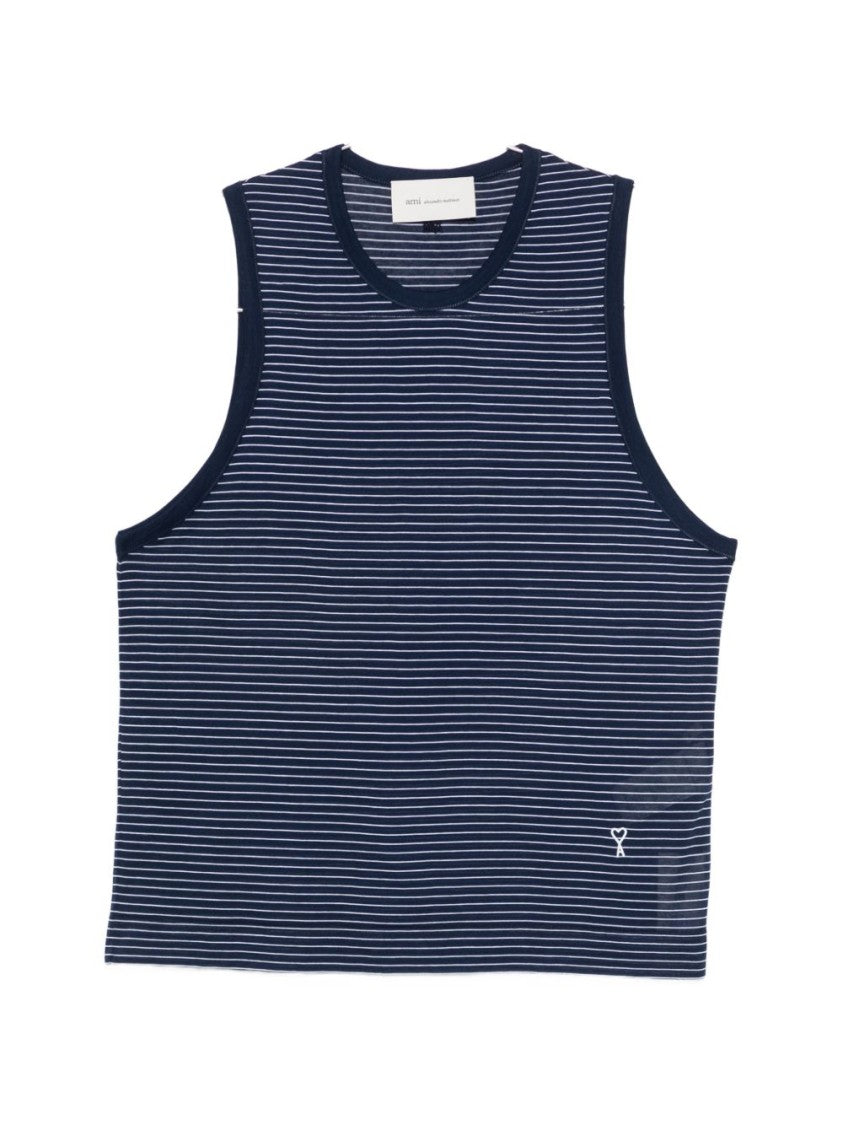 Ami Paris Blue White Logo Striped Sleeveless Top