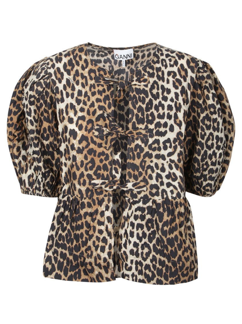 Ganni Leopard Print Blouse With Puffed Sleeves