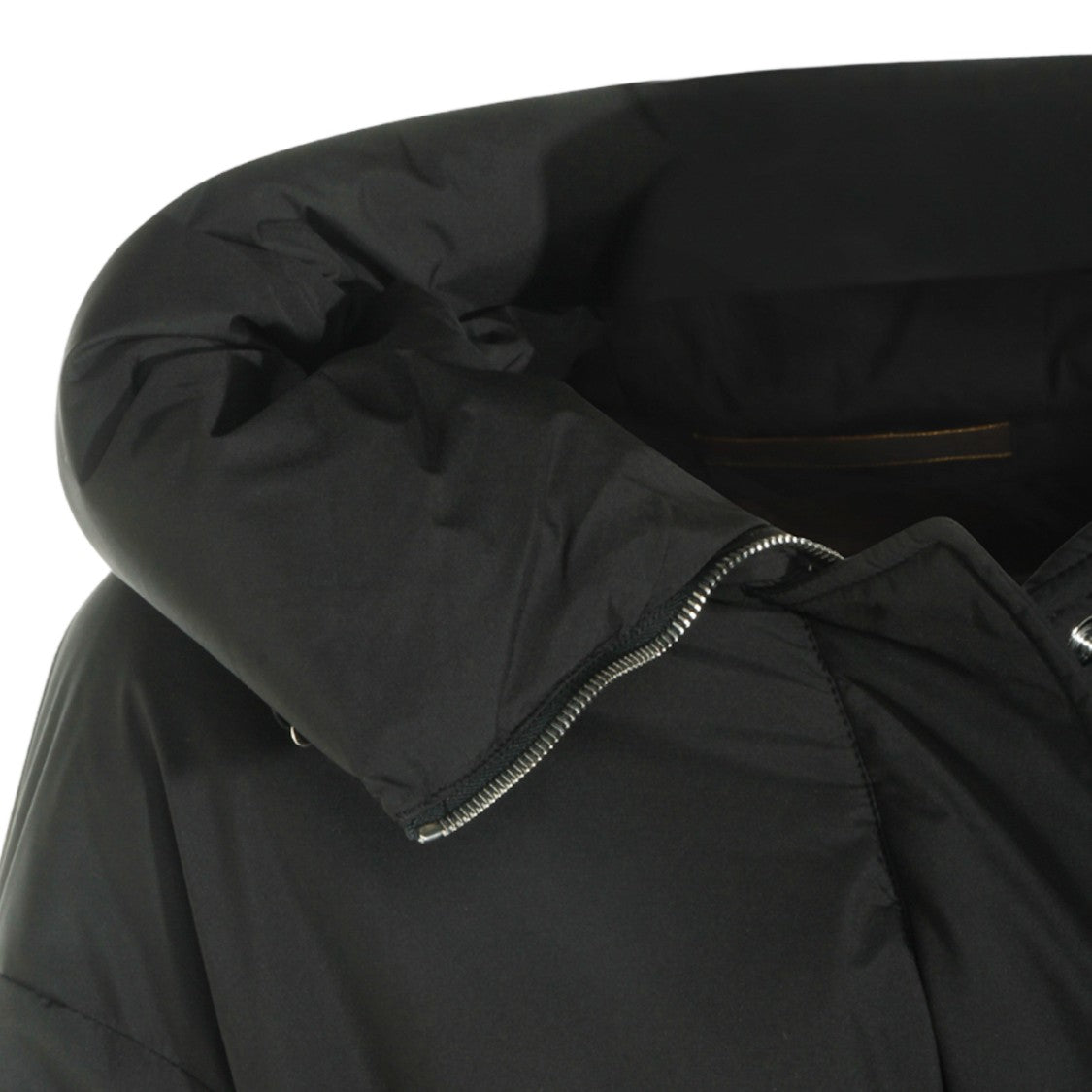Moorer Short Black Coat With Padded Hood And Belted Waist