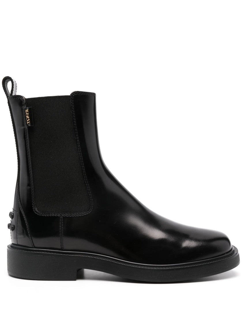 Tod's Polished Black Leather Ankle Boot With Pebble Detailing