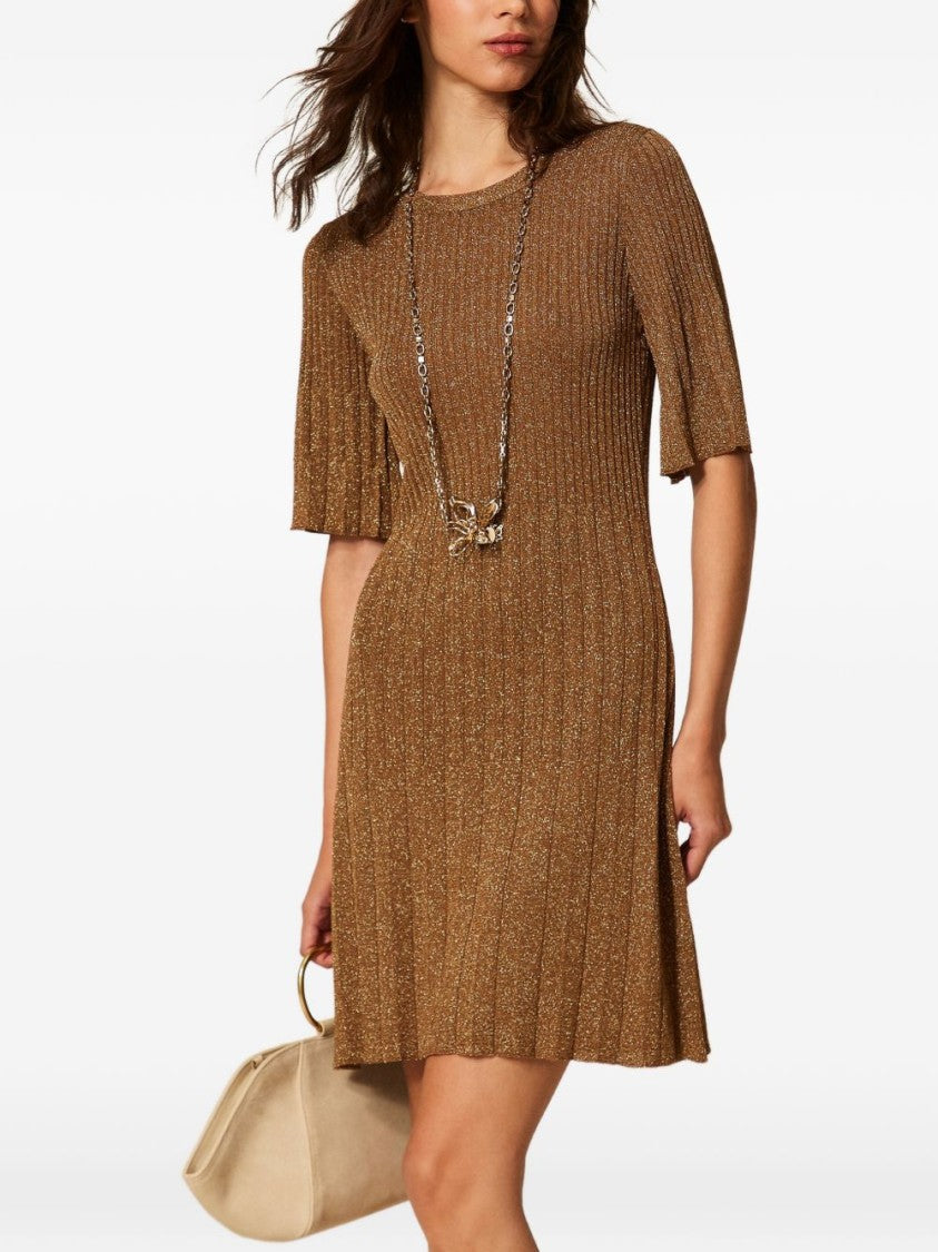 Twin-Set Brown Ribbed Flutter Sleeve Day Dress