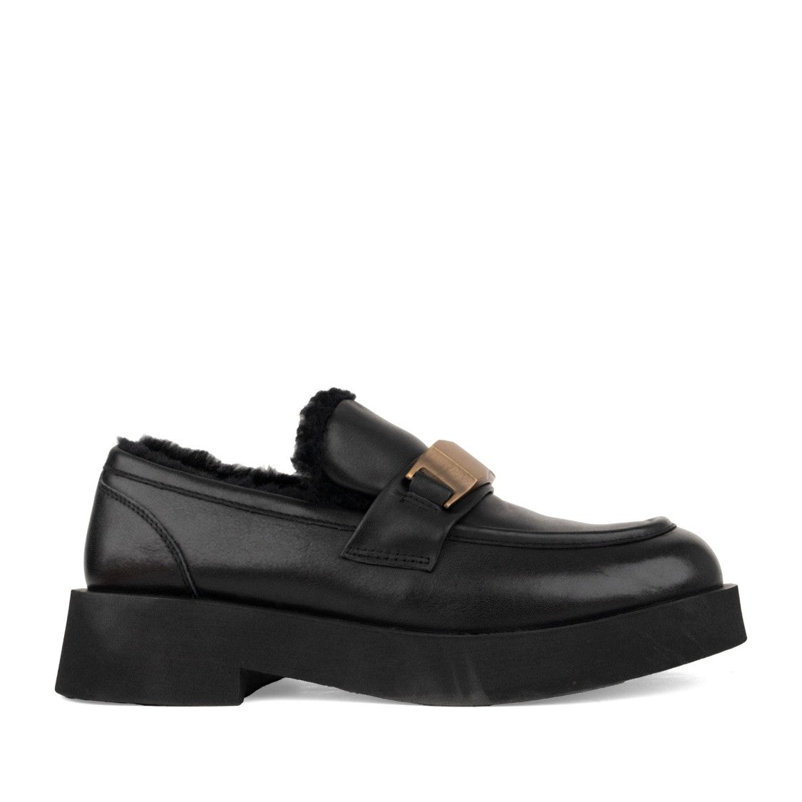 Sergio Moretti Black Fur-Lined Metallic Buckle Chunky Sole Leather Loafers