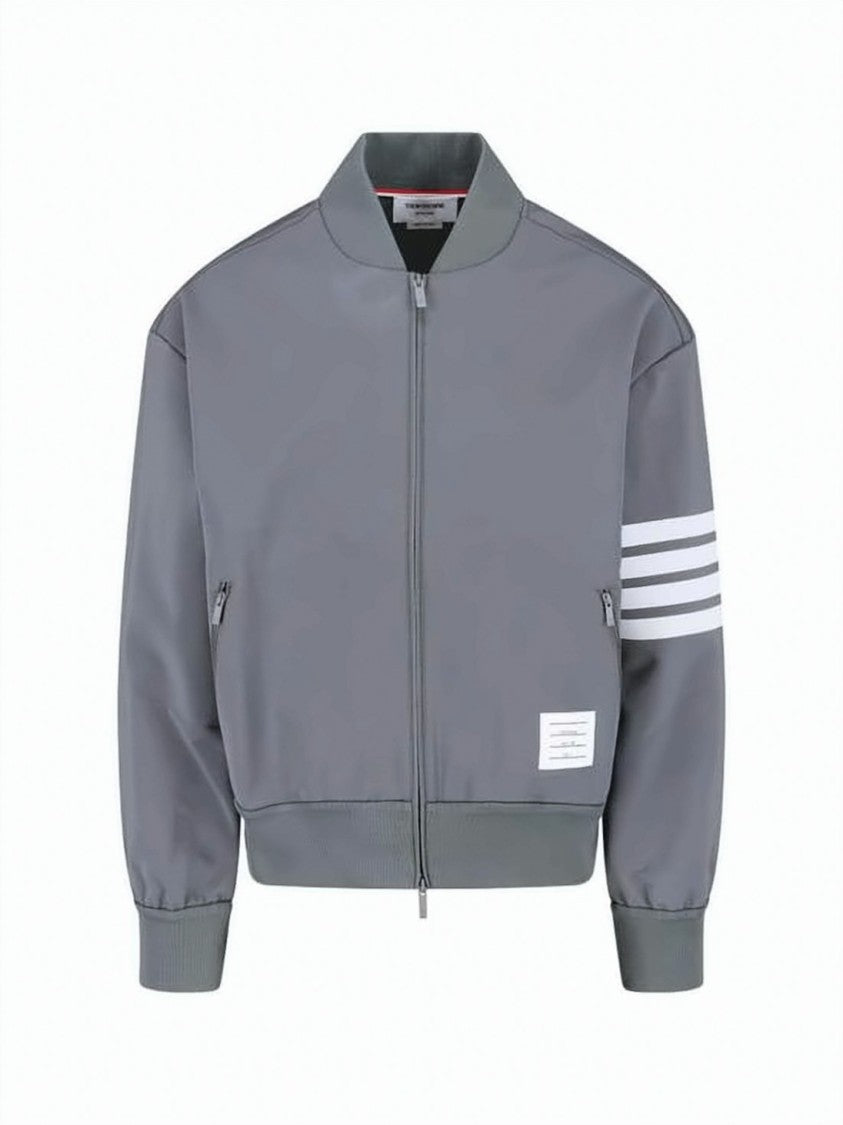 Thom Browne Cropped Grey Leather Jacket With Striped Accents