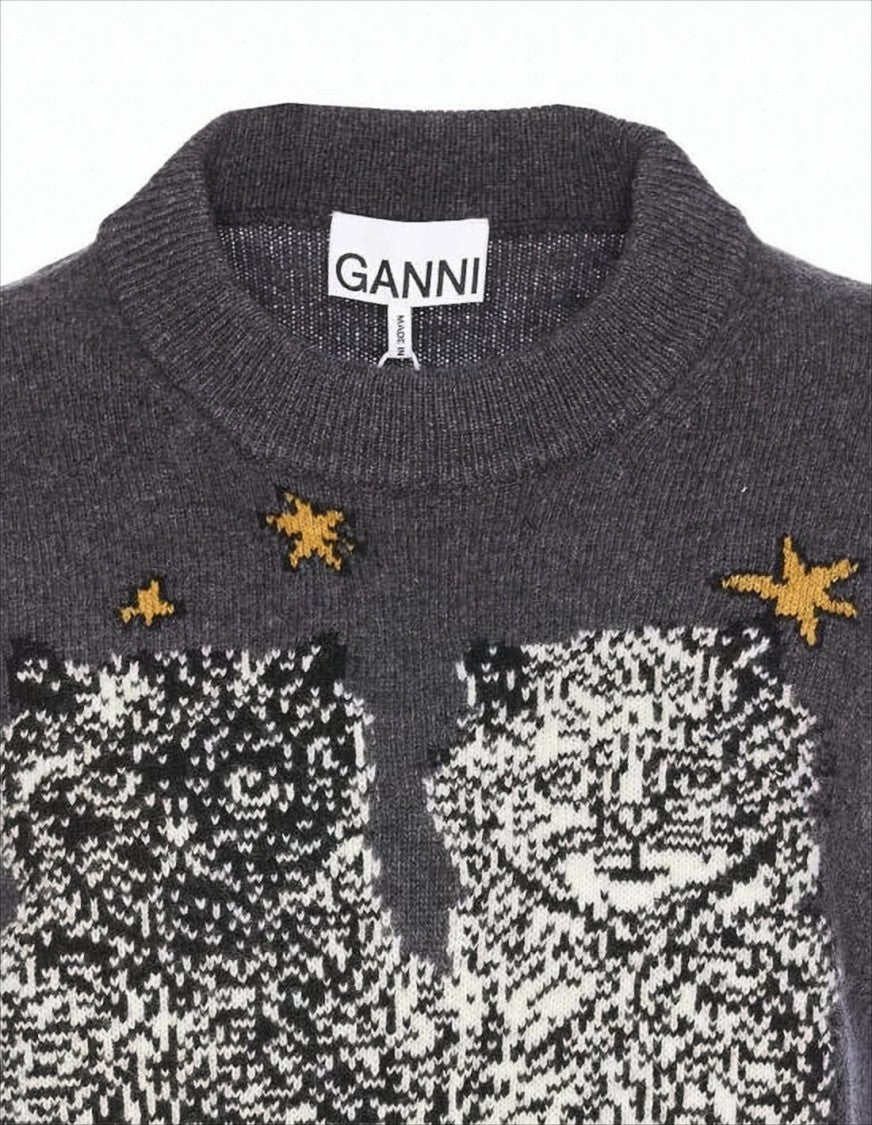 Ganni Sleeveless Knit Vest With Graphic Cat Design
