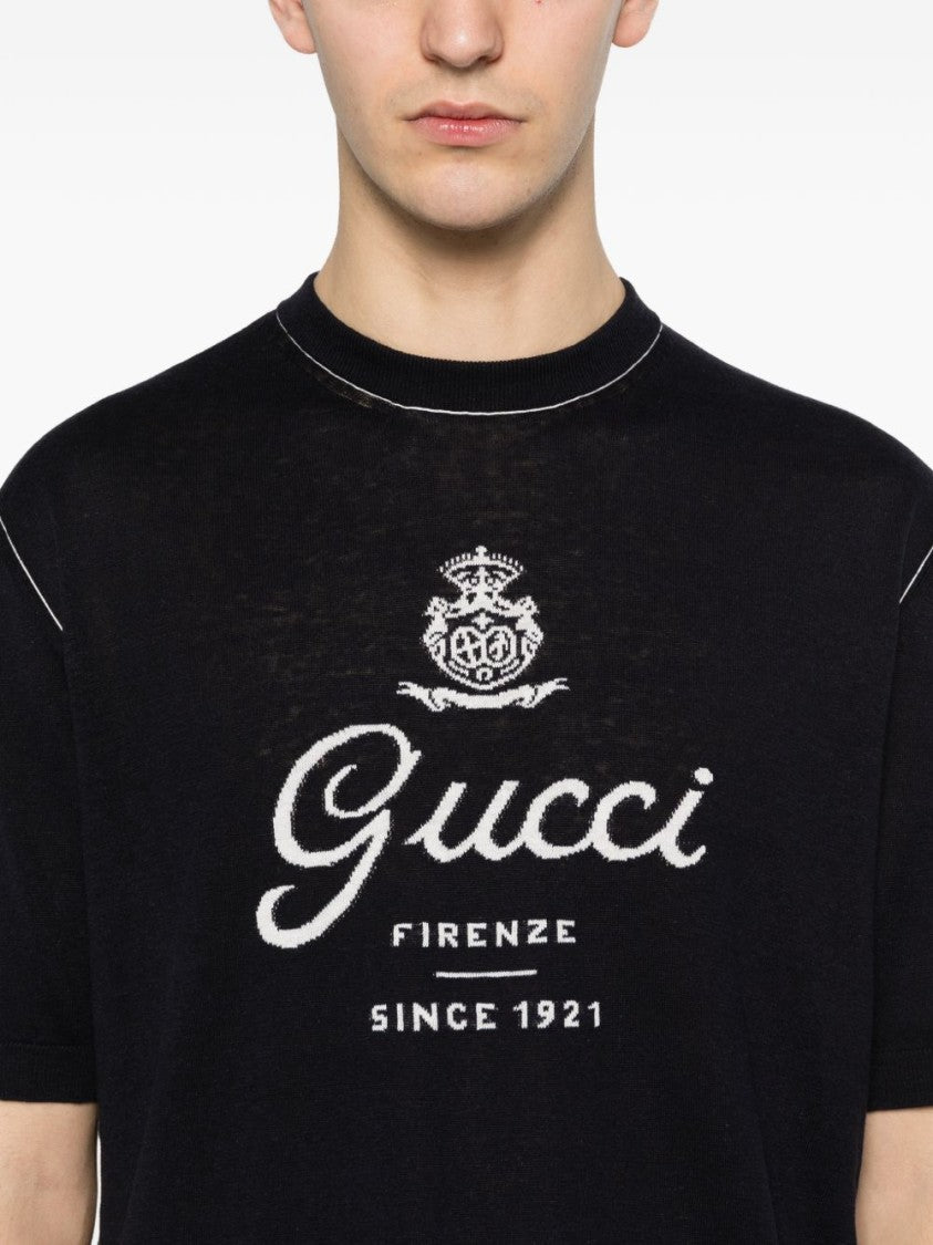 Gucci Dark Blue Silk-Linen Knit Intarsia T-Shirt