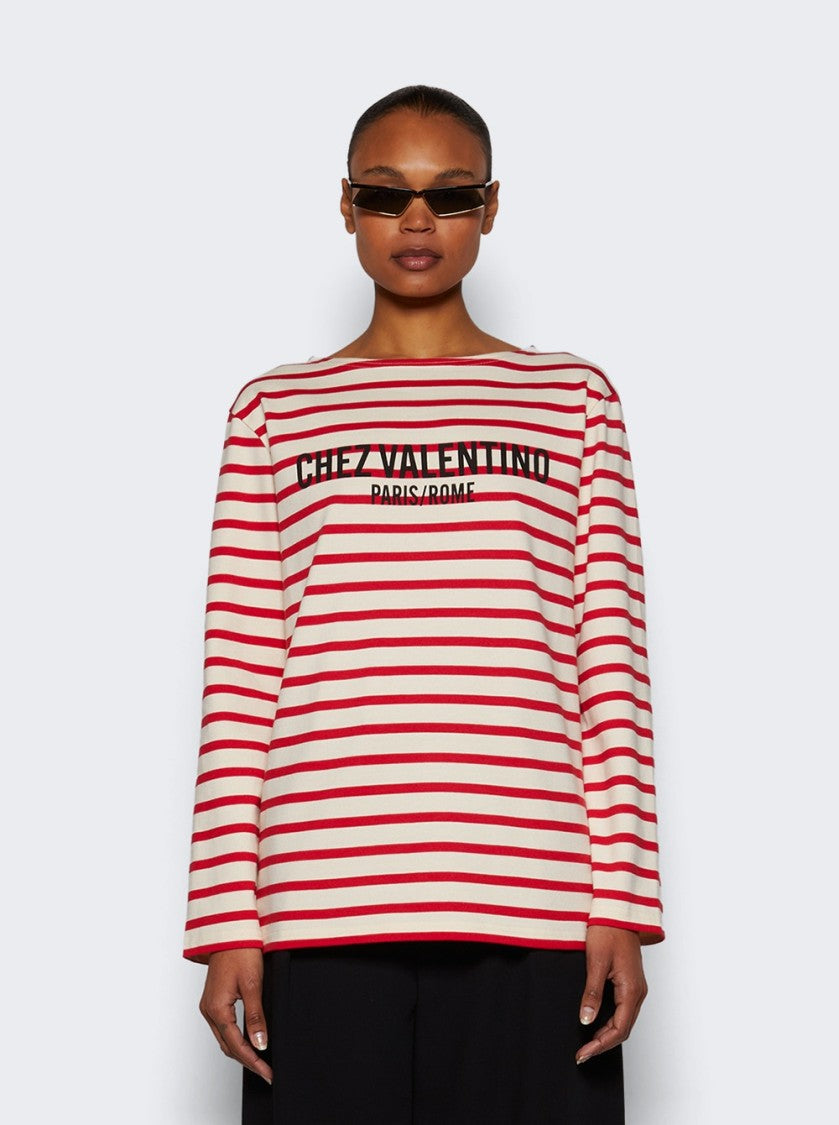 Valentino Striped Cotton Jersey Long Sleeve T-Shirt Ivory And Red