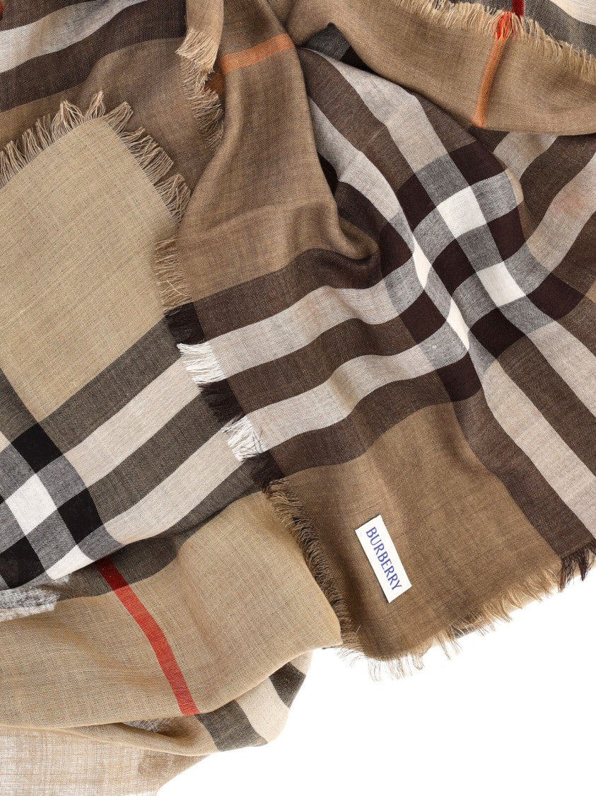 Burberry Beige Wool-Silk Check Scarf With Fringed Edges