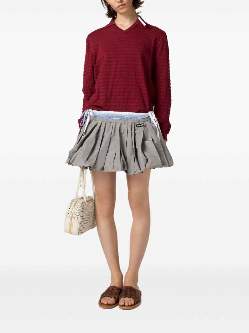 Miu Miu Textured V-Neck Long-Sleeved Ribbon Top