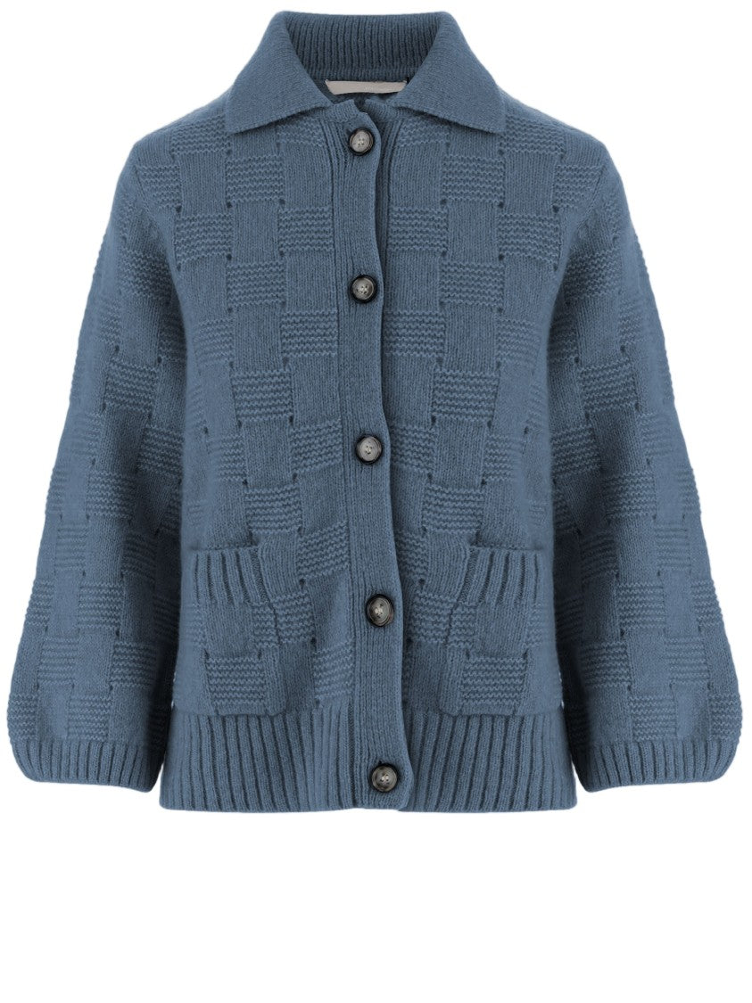 Allude Light Blue Checkered Knit Button-Down Sweater