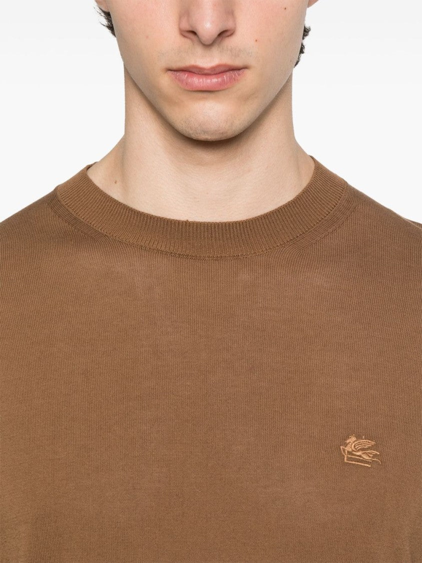 Etro Solid Brown Cotton Sweater With Crew Neckline