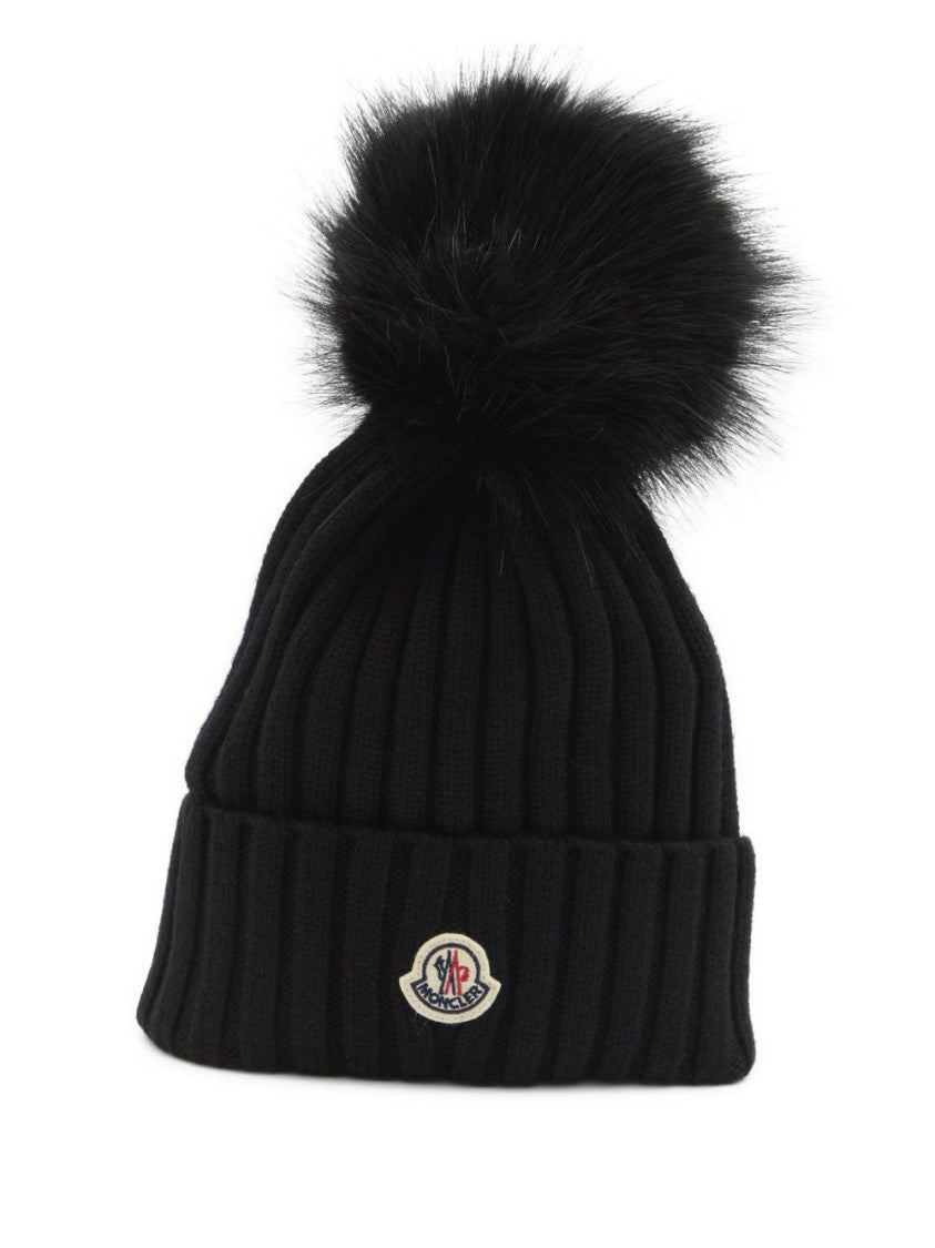 Moncler Black Merino Wool Rib Knit Pom Pom Beanie