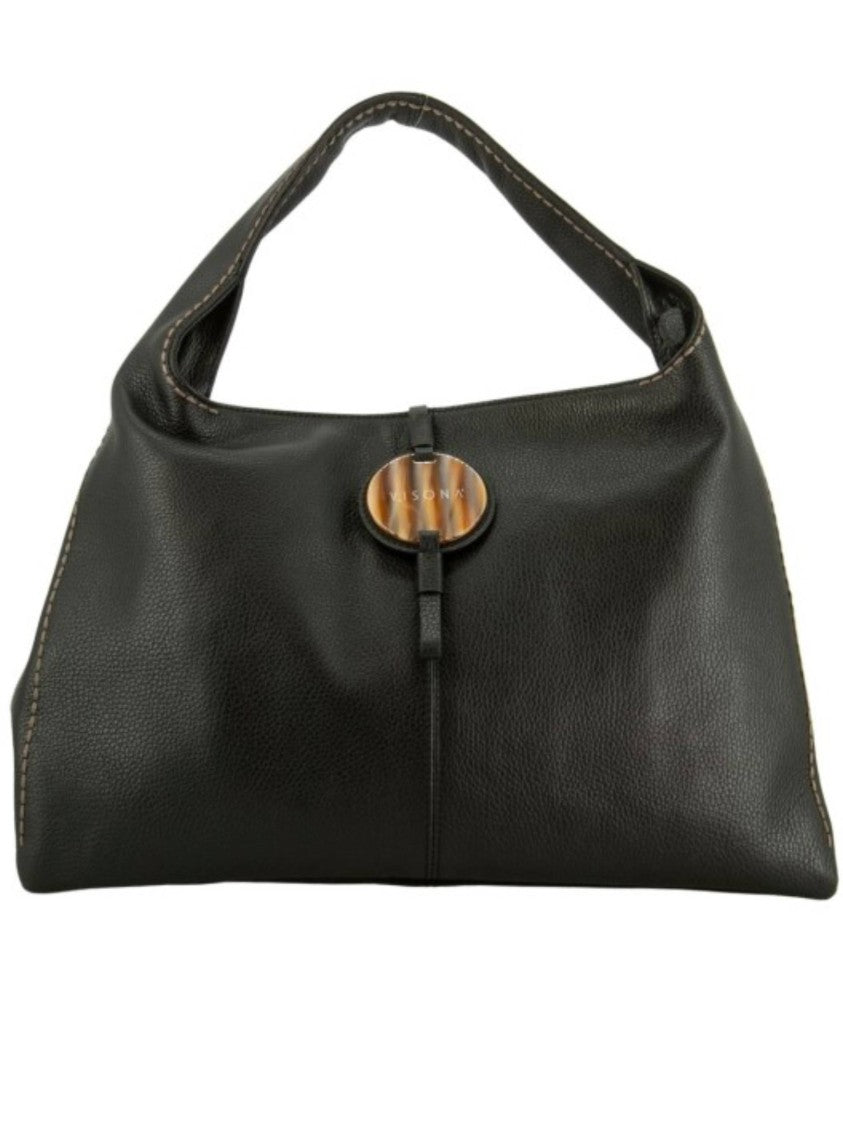 Visona` Black California Leather Oval Wooden Bag