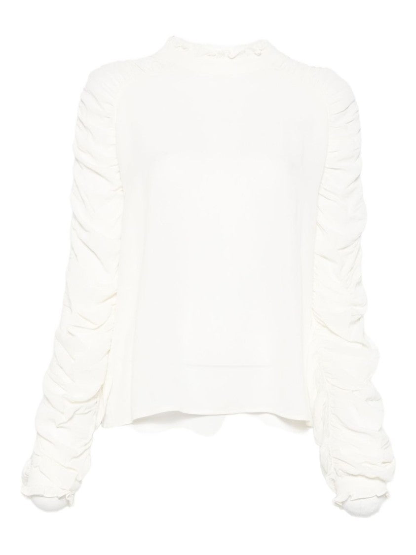 Twin-Set Textured White Blouse With Ruched Sleeves