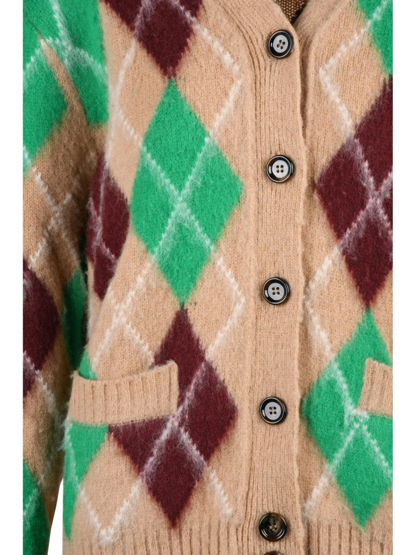 Aspesi Beige/Green Argyle Pattern V-Neck Wool Cardigan