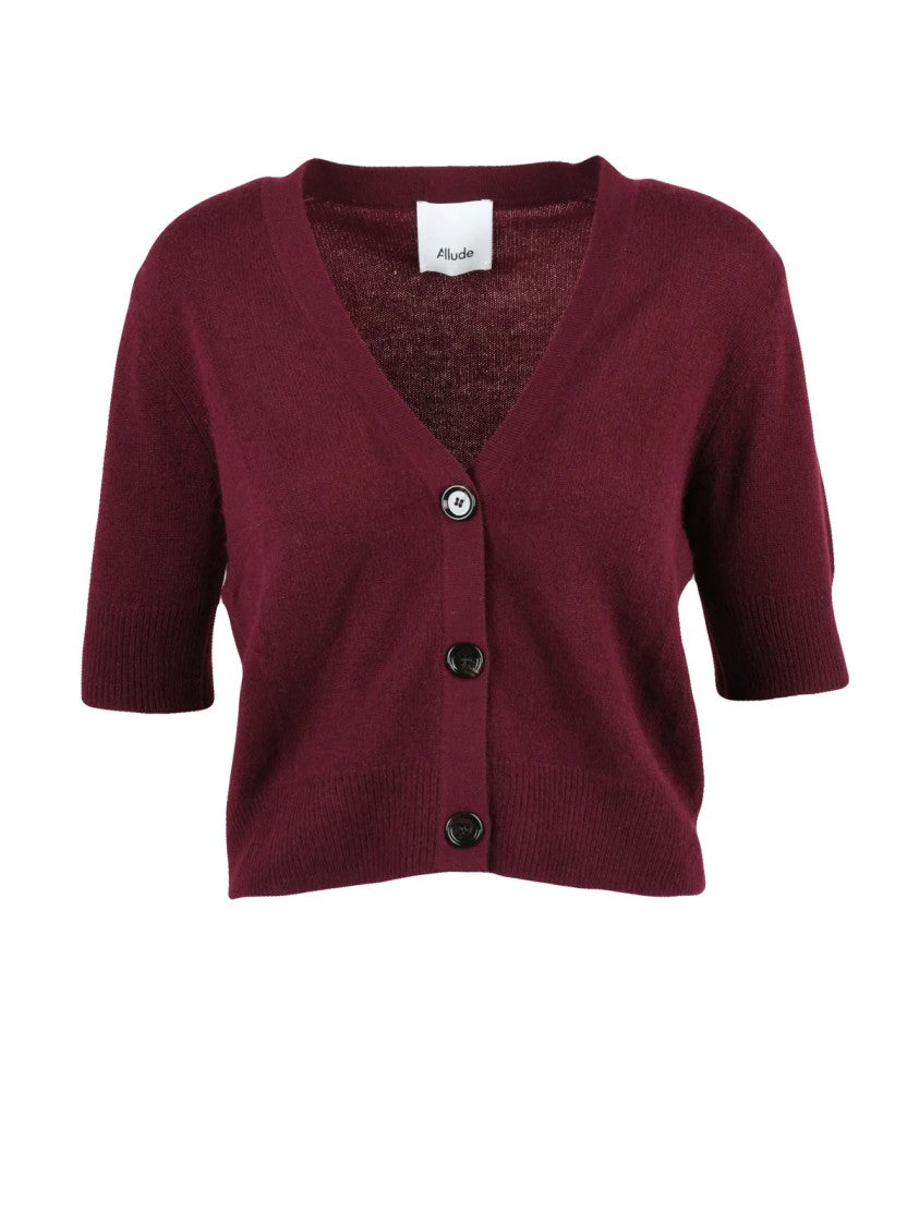 Allude Red Cropped Deep V-Neck Cashmere Cardigan