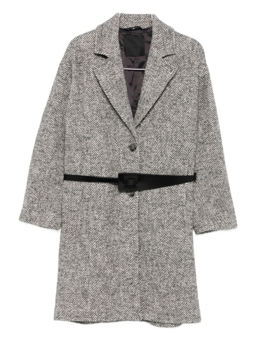 Liu Jo Tailored Herringbone Grey Coat With Slim Belt