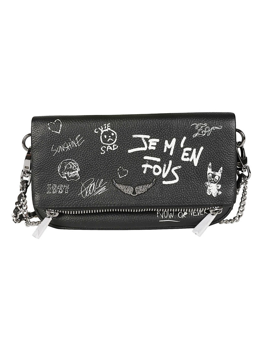 Zadig & Voltaire Rock Nano Arty Tag Black Pebbled Leather Shoulder Bag