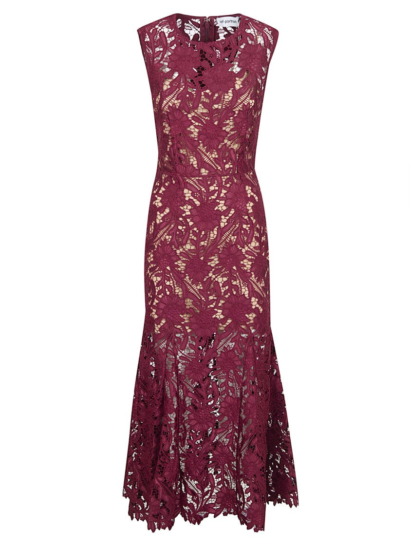 Self-Portrait Burgundy Guipure Lace Midi Dress With Removable Belt