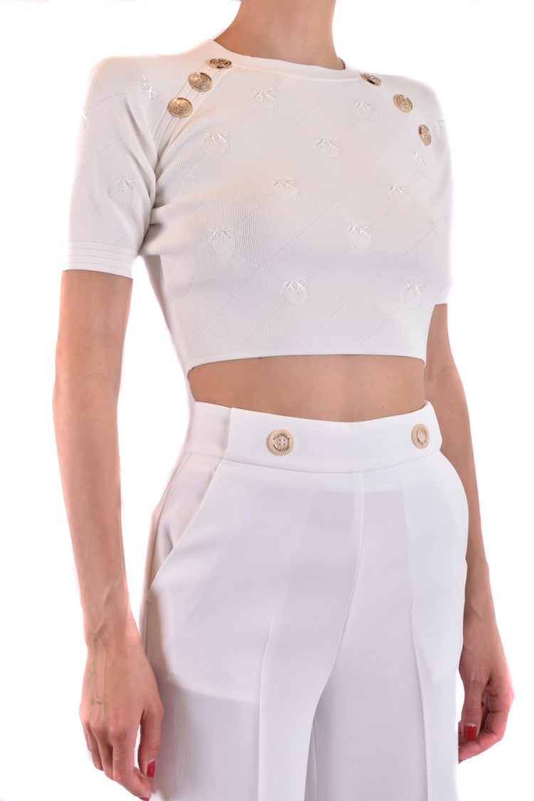 Pinko Cropped White Textured Gold Button Top