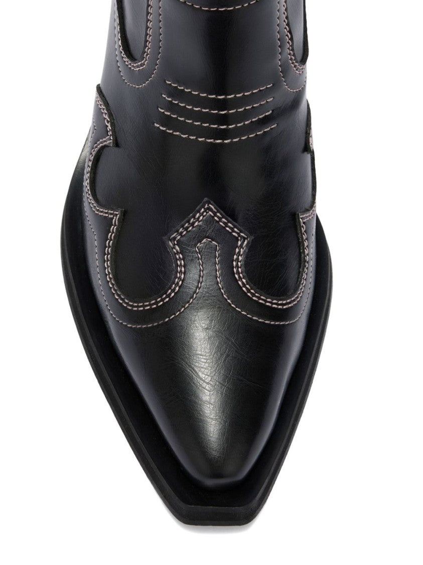 Ganni Pointed Toe Ankle Boots With Western-Inspired Detailing