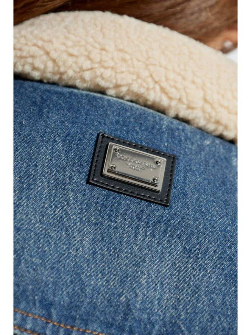 Dolce & Gabbana Faded Blue Denim Jacket With Faux Shearling Collar