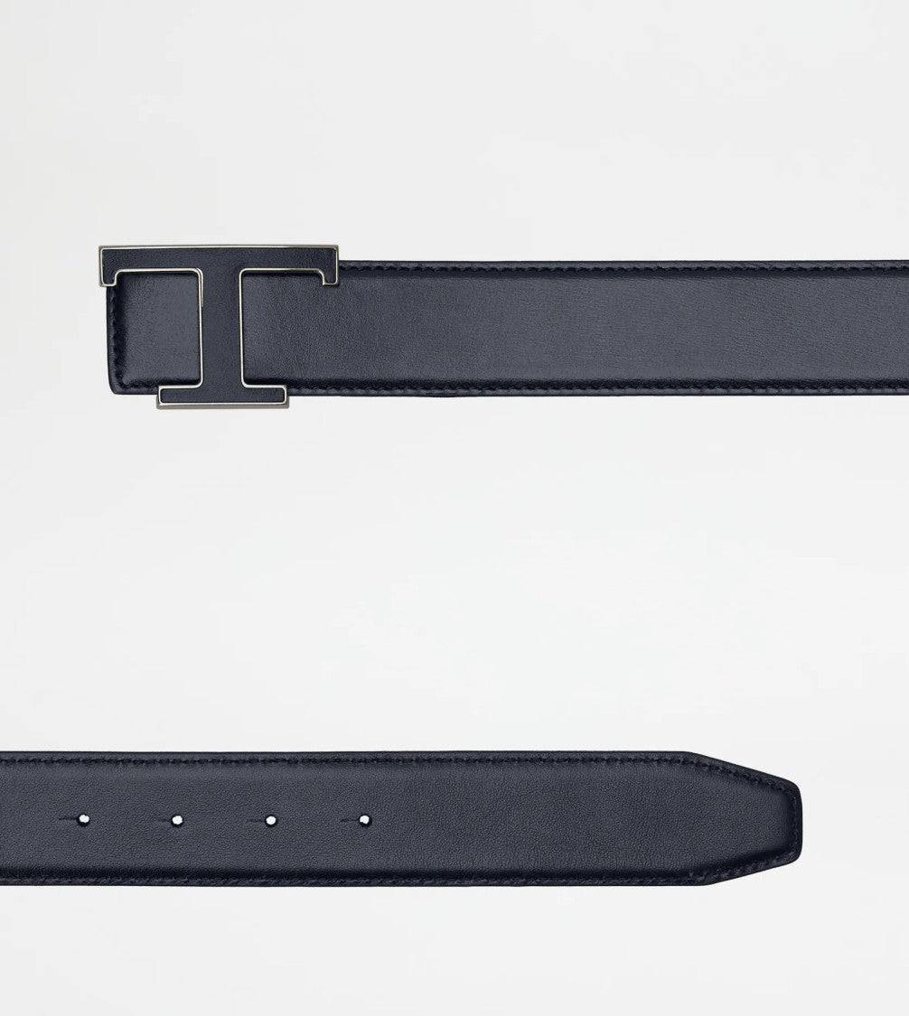 Tod's Polished Black Leather Belt With Signature T Buckle