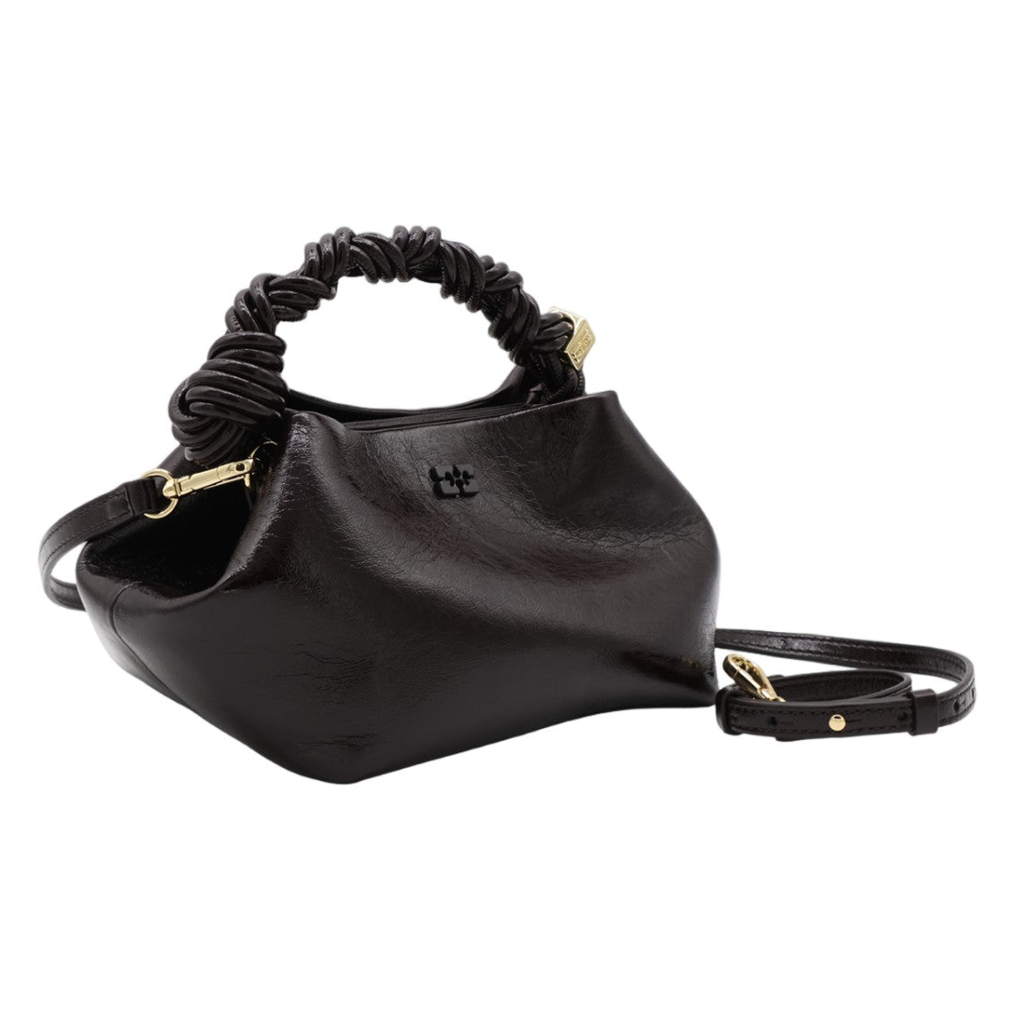 Ganni Black Glossy Twisted Handle Gold Accent Handbag