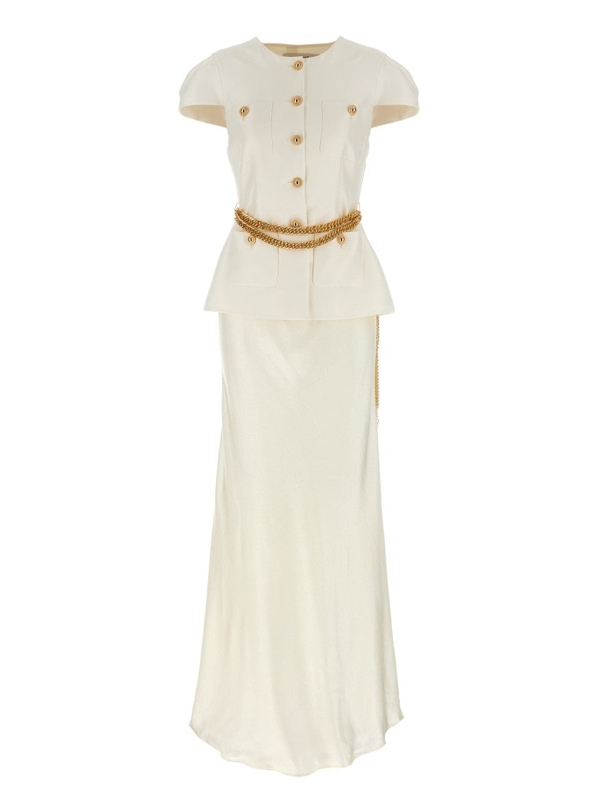 Self-Portrait Cream Taffeta Chain Belt Maxi' Dress